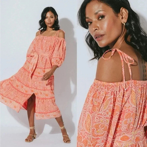 NWT Cleobella Womens Medium Blossom Print Violet Midi Boho Off Shoulder Dress - Picture 2 of 10